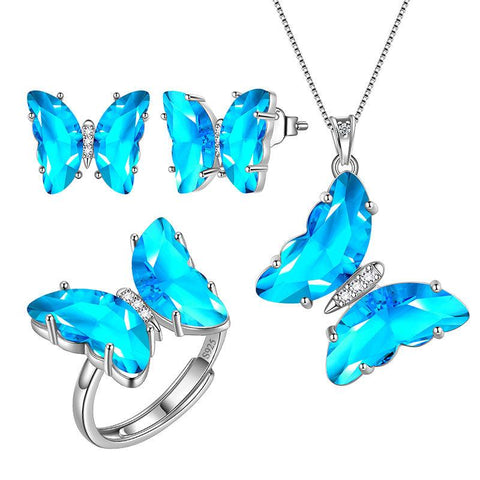 925 Sterling Silver Butterfly Jewelry Set 4PCS Birthstone Crystal Women Jewelry Gifts - Aurora Tears Jewelry