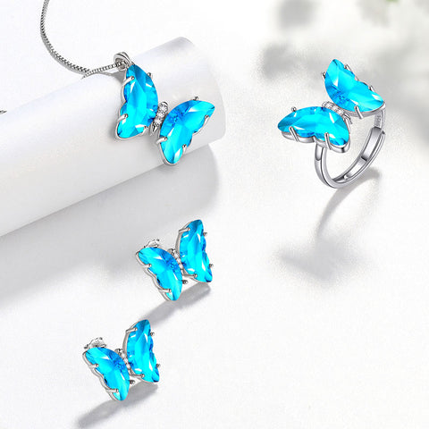 Blaues Schmetterlings-Schmuckset, 4-teilig, Aquamarin-Geburtsstein für März, Damen- und Mädchen-Geburtstagsgeschenke