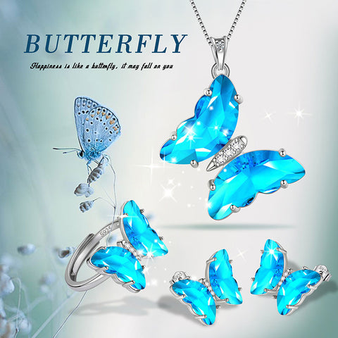 Blaues Schmetterlings-Schmuckset, 4-teilig, Aquamarin-Geburtsstein für März, Damen- und Mädchen-Geburtstagsgeschenke