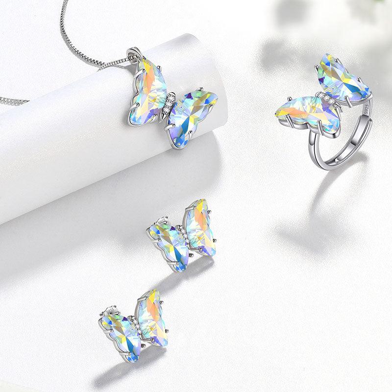 925 Sterling Silver Butterfly Jewelry Set 4PCS Birthstone Crystal Women Jewelry Gifts - Aurora Tears Jewelry