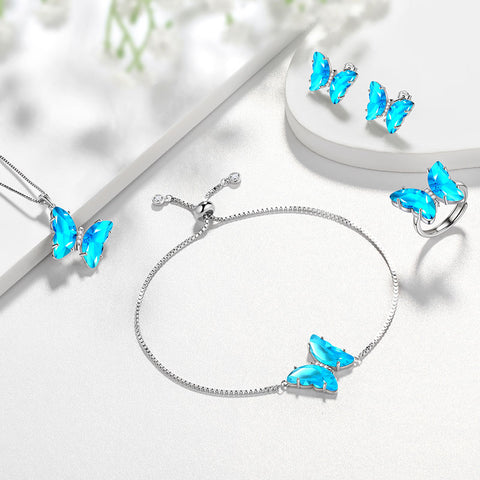Blaues Schmetterlings-Schmuckset, 5-teilig, Aquamarin-Geburtsstein für März, Damen- und Mädchen-Geburtstagsgeschenke