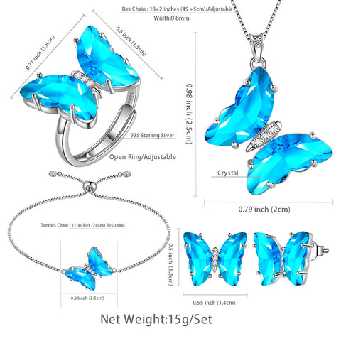 Blaues Schmetterlings-Schmuckset, 5-teilig, Aquamarin-Geburtsstein für März, Damen- und Mädchen-Geburtstagsgeschenke