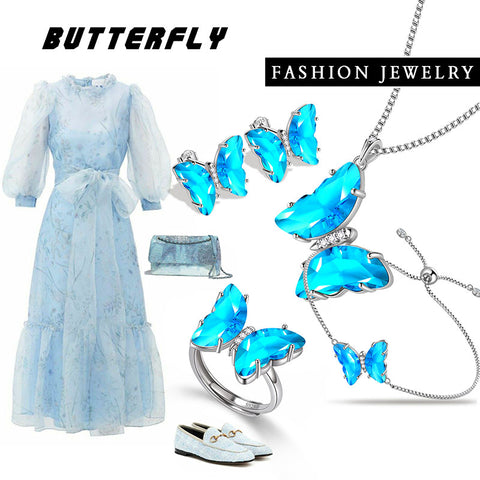 Blaues Schmetterlings-Schmuckset, 5-teilig, Aquamarin-Geburtsstein für März, Damen- und Mädchen-Geburtstagsgeschenke