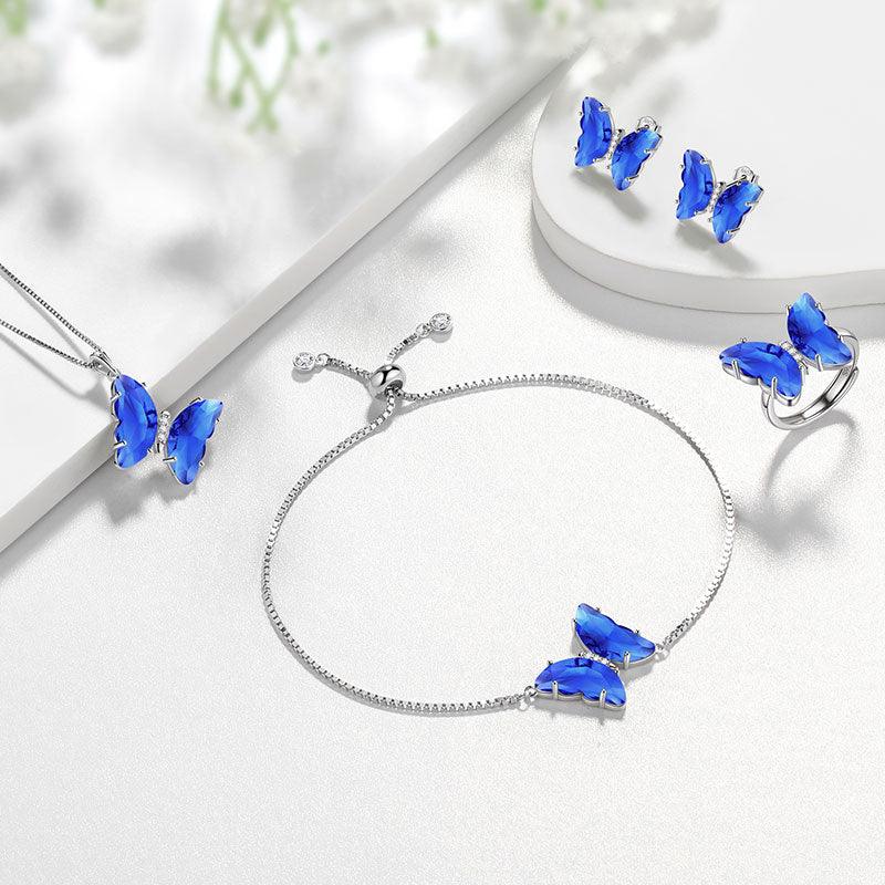 Women Butterfly Jewelry Set 5PCS Birthstone Necklace Earrings Ring Bracelet Girls Jewelry Birthday Gift - Aurora Tears Jewelry