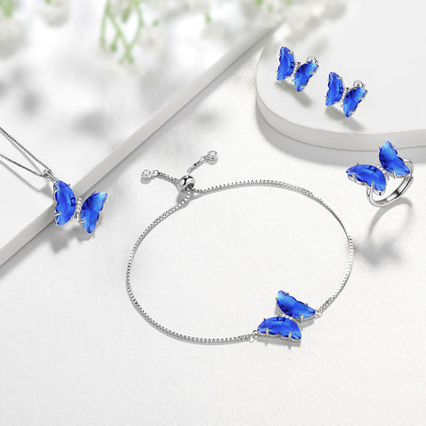 Blauer Schmetterling-Schmuckset, 5-teiliges September-Saphir-Geburtsstein-Geburtsstein-Set für Damen und Mädchen, Geburtstagsgeschenke