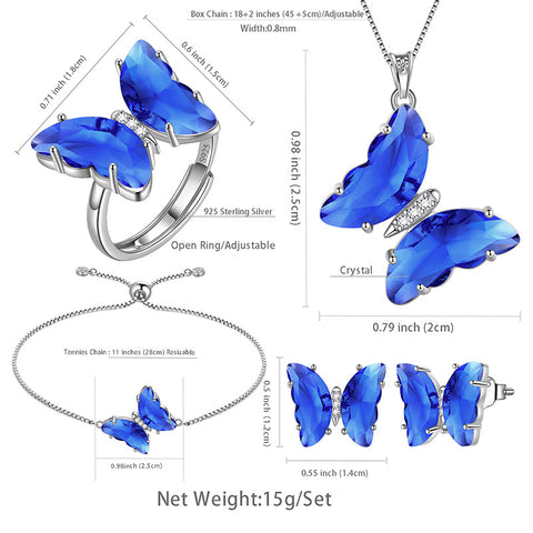 Blauer Schmetterling-Schmuckset, 5-teiliges September-Saphir-Geburtsstein-Geburtsstein-Set für Damen und Mädchen, Geburtstagsgeschenke