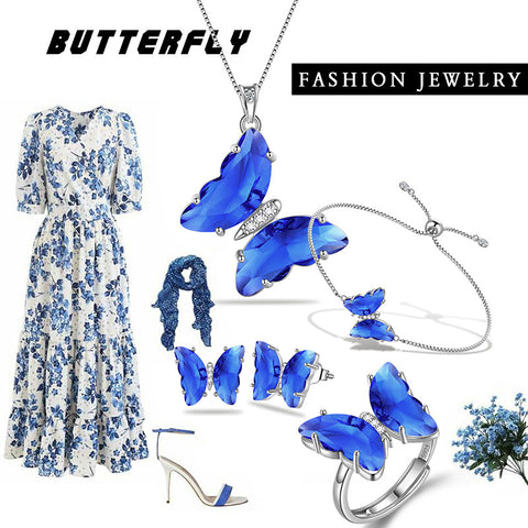 Blauer Schmetterling-Schmuckset, 5-teiliges September-Saphir-Geburtsstein-Geburtsstein-Set für Damen und Mädchen, Geburtstagsgeschenke