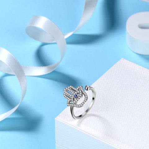 Blauer Evil Eye Ring Damen Mädchen Amulett Schmuck Hamsa Hand der Fatima Ring 925 Sterling Silber
