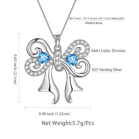 Women Bow Ribbon Necklace March Birthstone Pendant Blue Crystal Girls Jewelry Birthday Gifts 925 Sterling Silver