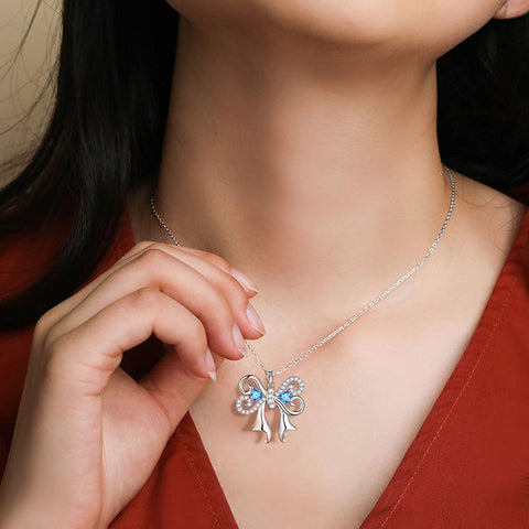 Women Bow Ribbon Necklace March Birthstone Pendant Blue Crystal Girls Jewelry Birthday Gifts 925 Sterling Silver