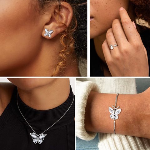 Set di gioielli con diamanti di aprile con pietra portafortuna a forma di farfalla, regalo di compleanno per ragazze da 5 pezzi