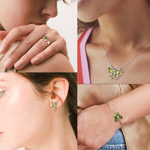 Bague papillon ouverte avec pierre de naissance, péridot d'août, bijoux pour femmes et filles, cadeau d'anniversaire
