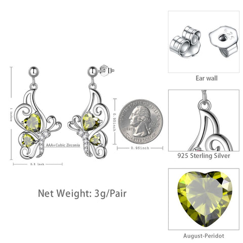 Boucles d'oreilles papillon avec pierre de naissance août péridot pour femmes et filles, bijoux cadeau d'anniversaire en argent sterling