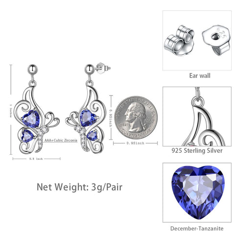 Farfalla Birthstone Dicembre Tanzanite Orecchini Donna Ragazza Gioielli Regalo di compleanno Argento sterling