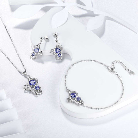 Set di gioielli con tanzanite di dicembre con pietre portafortuna a forma di farfalla, 4 pezzi, regalo di compleanno per donne e ragazze