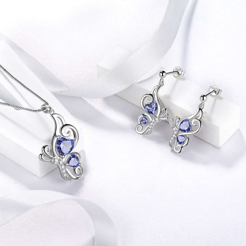 Schmetterlings-Geburtsstein-Dezember-Tansanit-Schmuckset, 3-teiliges Damen- und Mädchen-Geburtstagsgeschenk