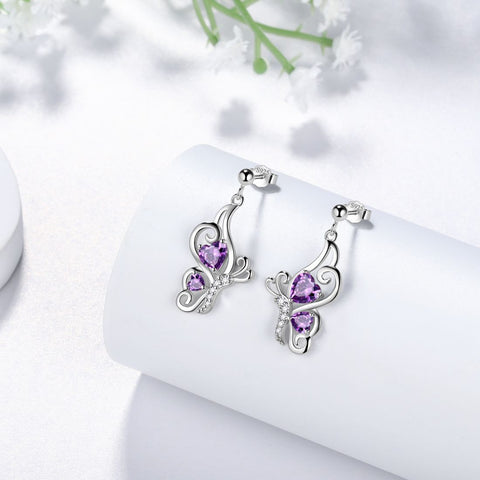 Farfalla Birthstone Febbraio Ametista Orecchini Donna Ragazza Gioielli Regalo di compleanno Argento sterling