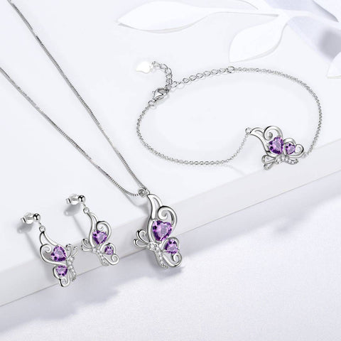Schmetterlings-Geburtsstein Februar-Amethyst-Schmuckset, 4-teilig, für Damen und Mädchen, Geburtstagsgeschenk