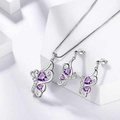 Schmetterlings-Geburtsstein Februar-Amethyst-Schmuckset, 3-teilig, für Damen und Mädchen, Geburtstagsgeschenk