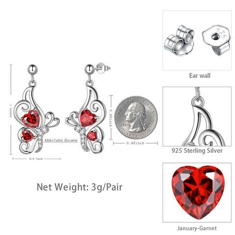 Farfalla Birthstone Gennaio Granato Orecchini Donna Ragazza Gioielli Regalo di compleanno Argento sterling