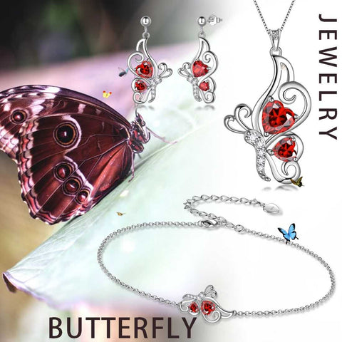 Ensemble de bijoux en grenat avec pierre de naissance papillon, 4 pièces, cadeau d'anniversaire pour femmes et filles