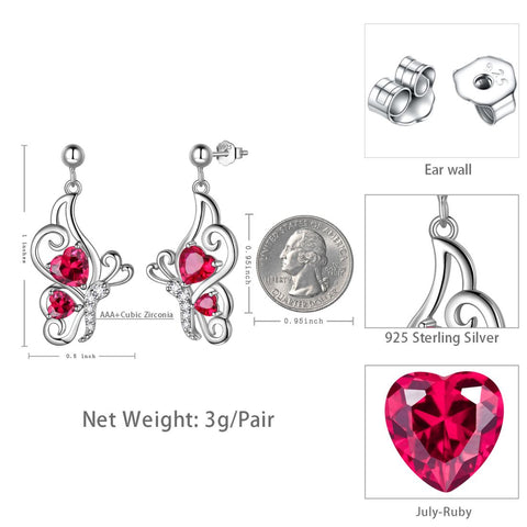 Butterfly Birthstone July Ruby Earrings Women Girls Jewelry Birthday Gift Sterling Silver