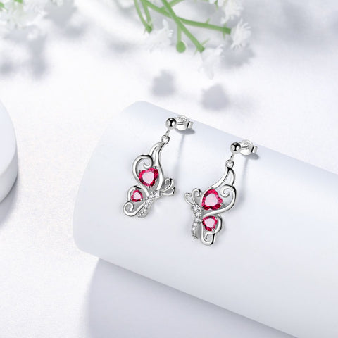 Butterfly Birthstone July Ruby Earrings Women Girls Jewelry Birthday Gift Sterling Silver
