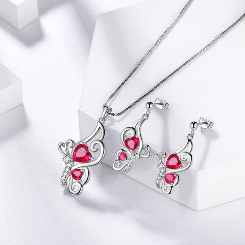Butterfly Birthstone July Ruby Jewelry Set 3PCS Women Girls Birthday Gift