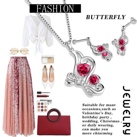 Butterfly Birthstone July Ruby Jewelry Set 3PCS Women Girls Birthday Gift
