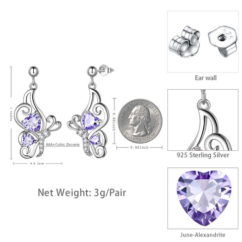Farfalla Birthstone Giugno Alessandrite Orecchini Donna Ragazza Gioielli Regalo di compleanno Argento sterling