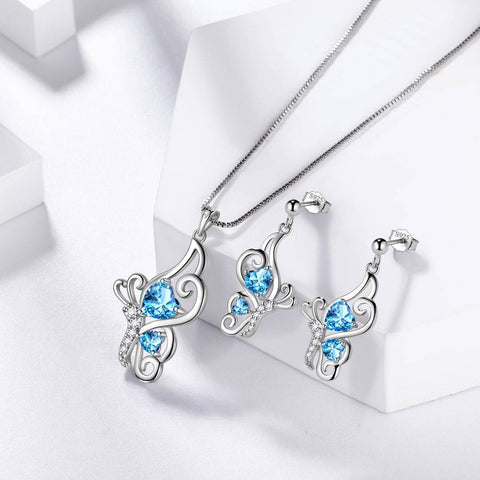 Schmetterlings-Geburtsstein-März-Aquamarin-Schmuckset, 3-teiliges Damen- und Mädchen-Geburtstagsgeschenk