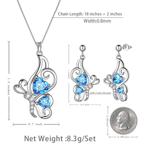 Schmetterlings-Geburtsstein-März-Aquamarin-Schmuckset, 3-teiliges Damen- und Mädchen-Geburtstagsgeschenk