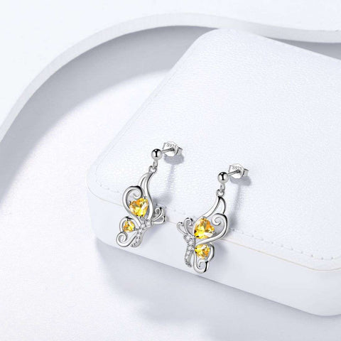 Farfalla Birthstone Novembre Citrino Orecchini Donna Ragazza Gioielli Regalo di compleanno Argento sterling