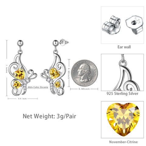 Farfalla Birthstone Novembre Citrino Orecchini Donna Ragazza Gioielli Regalo di compleanno Argento sterling