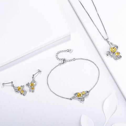 Ensemble de bijoux en Citrine de novembre avec pierre de naissance papillon, 4 pièces, cadeau d'anniversaire pour femmes et filles