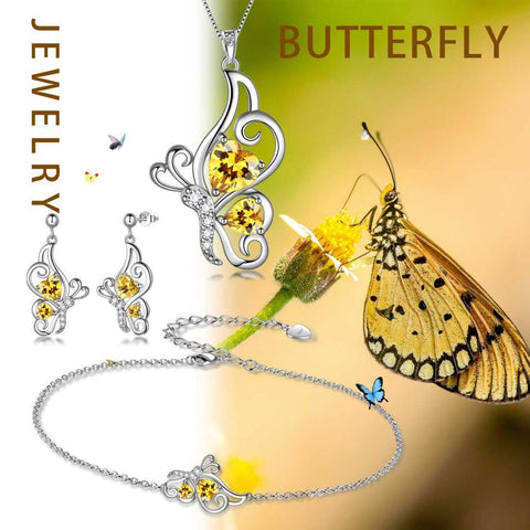 Ensemble de bijoux en Citrine de novembre avec pierre de naissance papillon, 4 pièces, cadeau d'anniversaire pour femmes et filles