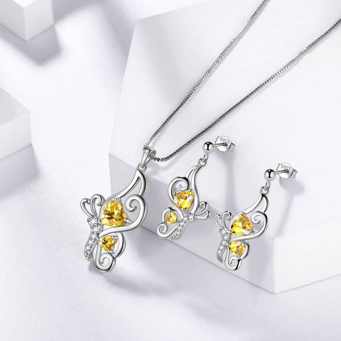 Set di gioielli in citrino di novembre con pietra portafortuna a forma di farfalla, regalo di compleanno per ragazze da donna, 3 pezzi