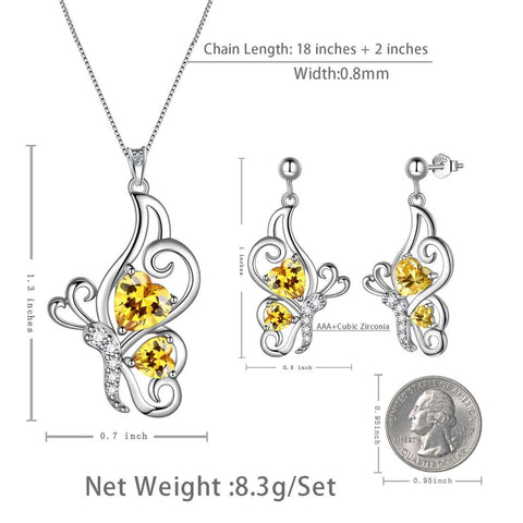 Set di gioielli in citrino di novembre con pietra portafortuna a forma di farfalla, regalo di compleanno per ragazze da donna, 3 pezzi