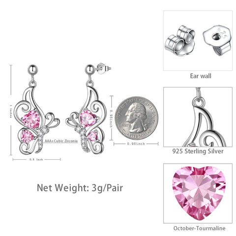 Farfalla Birthstone Ottobre Tormalina Orecchini Donna Ragazza Gioielli Regalo di compleanno Argento sterling