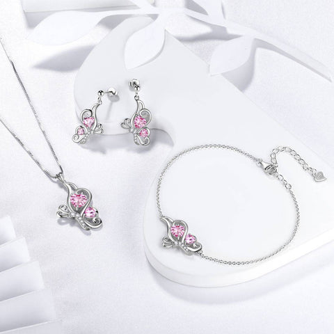 Schmetterlings-Geburtsstein-Schmuckset mit Oktober-Turmalin, 4-teilig, für Damen und Mädchen, Geburtstagsgeschenk