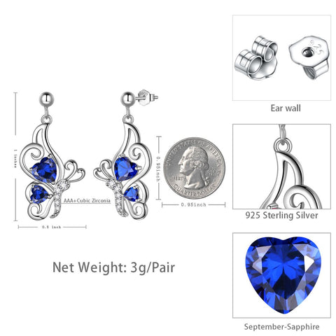 Farfalla Birthstone Settembre Orecchini con zaffiro Donne Ragazze Gioielli Regalo di compleanno Argento sterling
