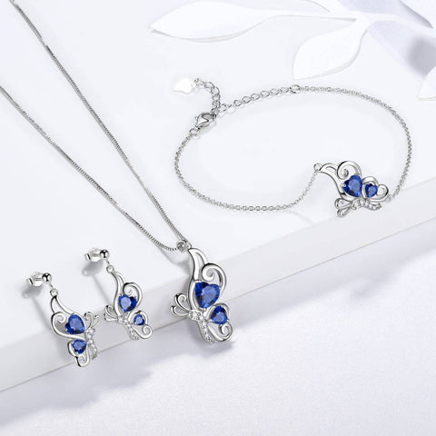 Schmetterlings-Geburtsstein-September-Saphir-Schmuckset, 4-teilig, für Damen und Mädchen, Geburtstagsgeschenk