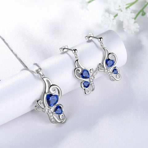 Set di gioielli in zaffiro di settembre con pietre portafortuna a forma di farfalla, regalo di compleanno per ragazze da donna, 3 pezzi