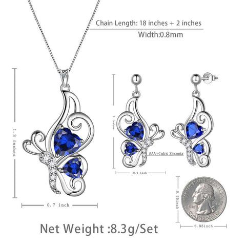 Set di gioielli in zaffiro di settembre con pietre portafortuna a forma di farfalla, regalo di compleanno per ragazze da donna, 3 pezzi