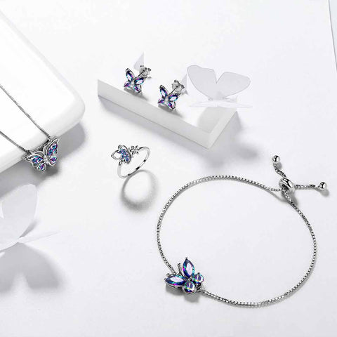 Schmetterlings-Regenbogen-Mystic-Topas-Schmuckset, 5-teilig, für Damen und Mädchen, Geschenk aus Sterlingsilber