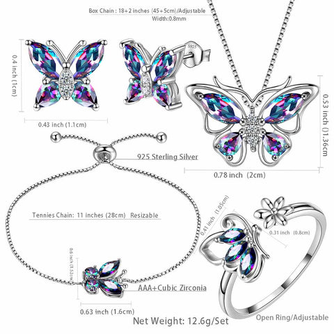 Schmetterlings-Regenbogen-Mystic-Topas-Schmuckset, 5-teilig, für Damen und Mädchen, Geschenk aus Sterlingsilber