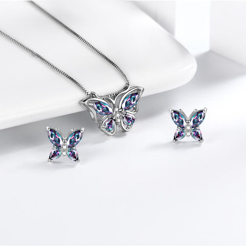Schmetterlings-Regenbogen-Mystic-Topas-Schmuckset, 3-teilig, für Damen und Mädchen, Geschenk aus Sterlingsilber