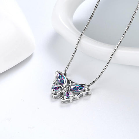 Women Butterfly Pendant Necklace 12 Birthstone CZ 925 Sterling Silver - Necklaces - Aurora Tears