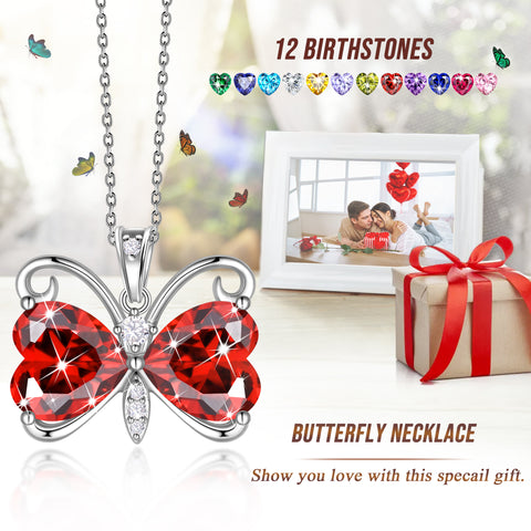 Women Butterfly Necklace Heart Birthstone Pendant Jewelry Birthday Christmas Mother's Day Gift