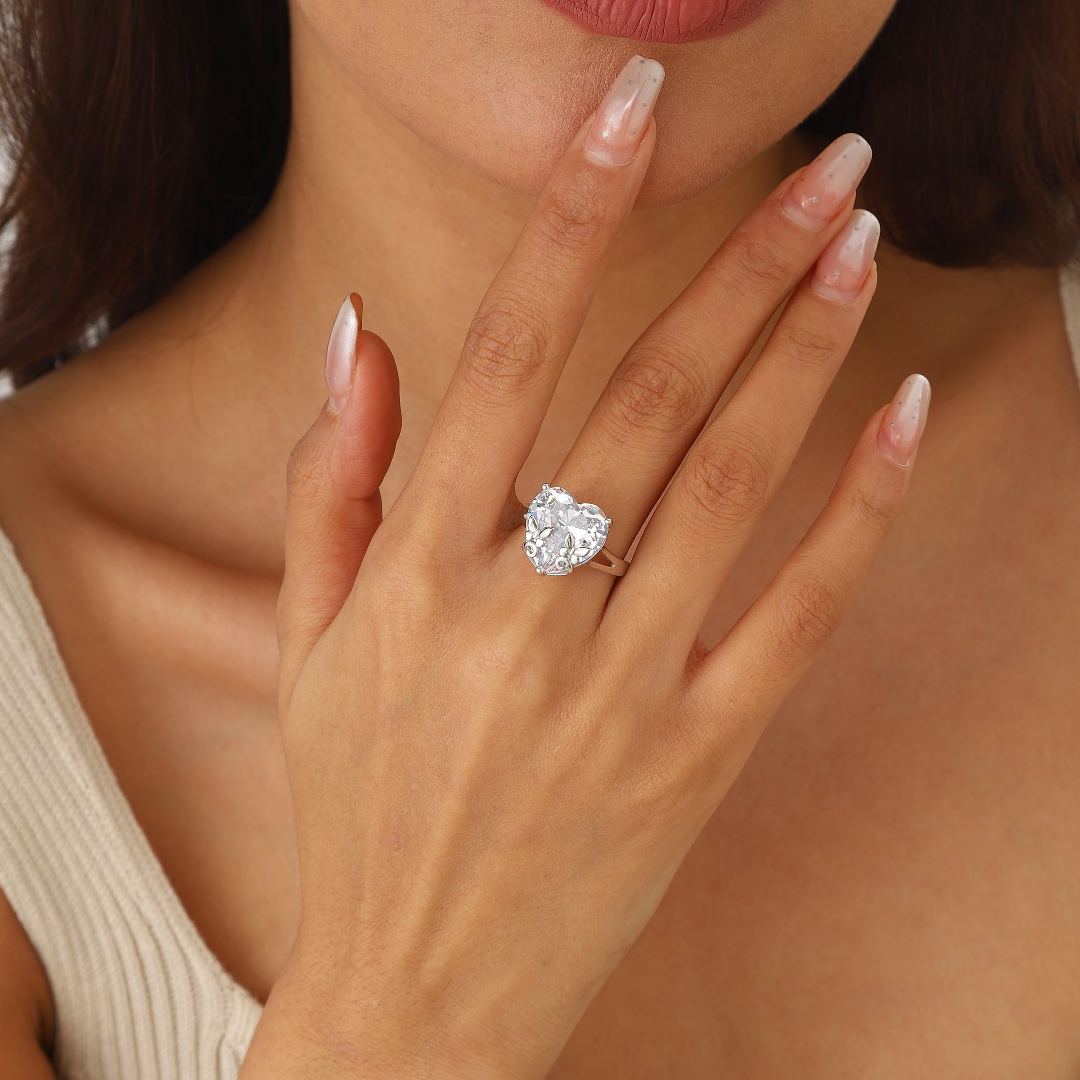 9Ct Women Heart Ring 925 Sterling Silver Butterfly April Birthstone Diamond Crystal Solitaire Ring Bridal Jewelry Birthday Gift - Aurora Tears